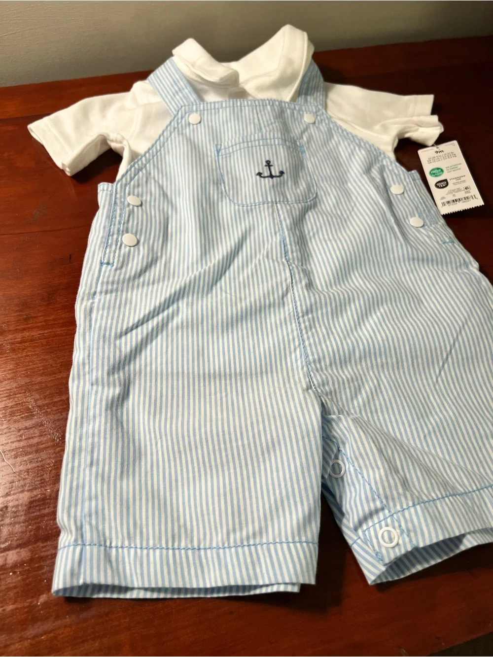 Carter's Light Blue & White Striped Anchor Shortalls with White Polo size 9 NWT